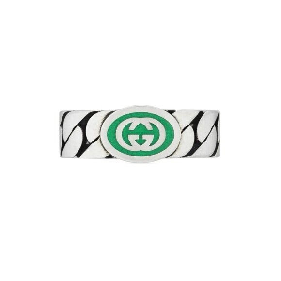 NEW GUCCI INTERLOCKING RING SILVER GG LOGO GREEN Chain Sz 15 IT 7.25 US Enamel - Picture 2 of 8